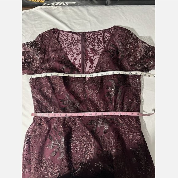 NWT $498 Mac Duggal [ 16 ] Lace Embellished Long‎ Sleeve Ruffle Dress Wine Red - Picture 12 of 15